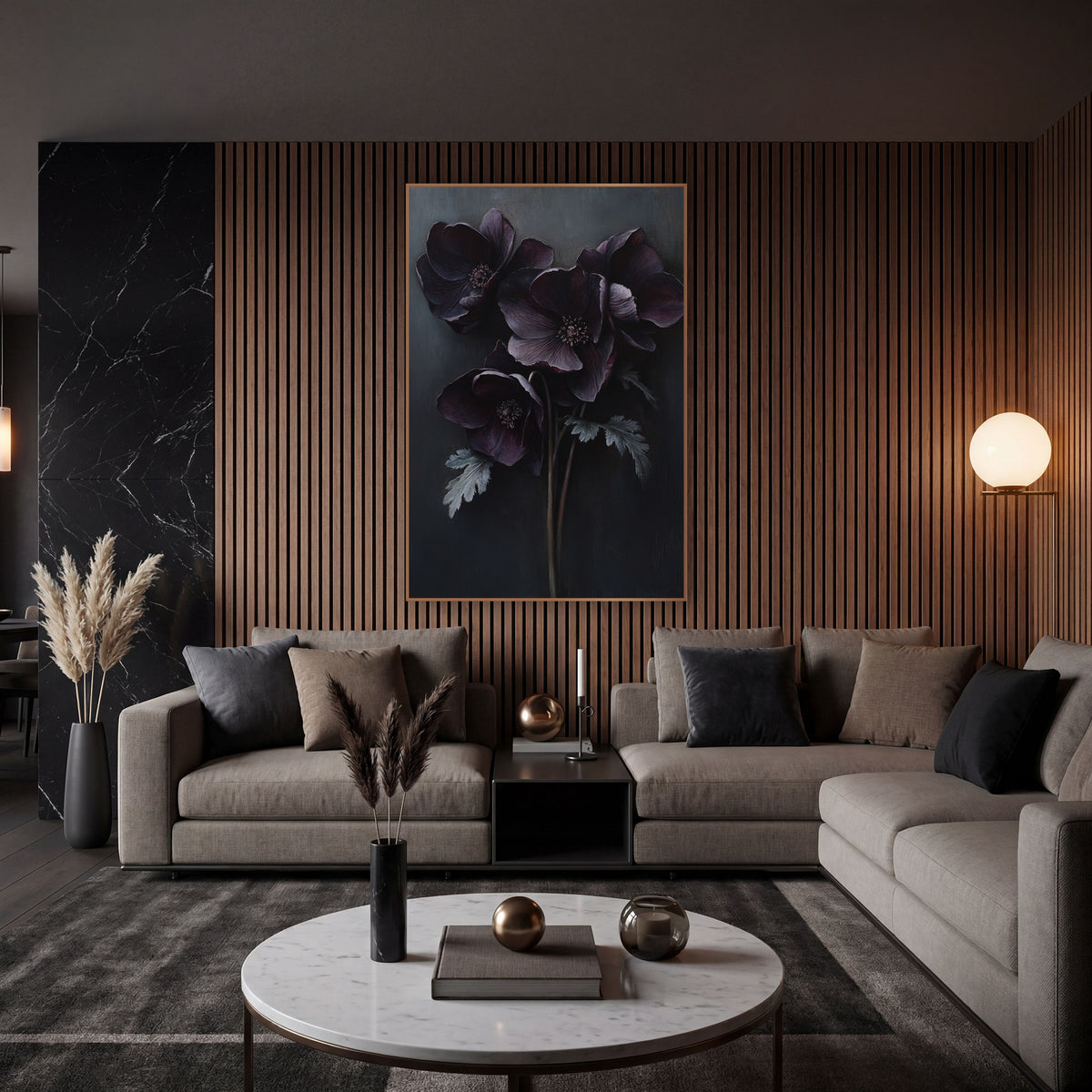 Dark Plum Hellebore Bouquet Moody Floral wall art in an elegant modern room – four dark plum hellebore flowers