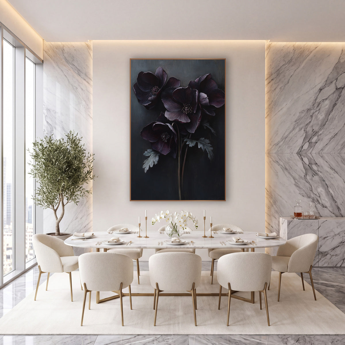 Dark Plum Hellebore Bouquet Moody Floral wall art in an elegant modern room – four dark plum hellebore flowers