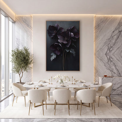 Dark Plum Hellebore Bouquet Moody Floral wall art in an elegant modern room – four dark plum hellebore flowers
