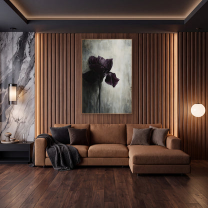Single Iris Weathered Gray Abstract wall art in an elegant modern room – dark plum iris with ruffled petals on a slim