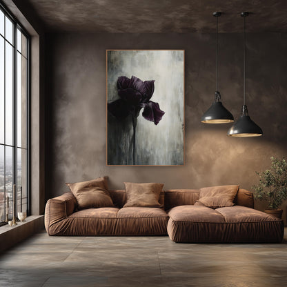 Single Iris Weathered Gray Abstract wall art in an elegant modern room – dark plum iris with ruffled petals on a slim