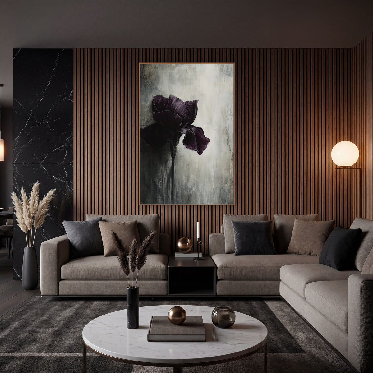 Single Iris Weathered Gray Abstract wall art in an elegant modern room – dark plum iris with ruffled petals on a slim