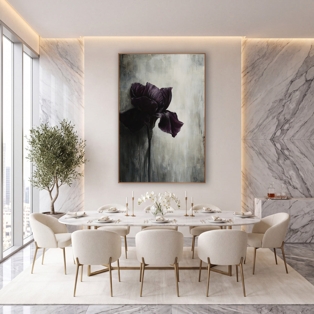Single Iris Weathered Gray Abstract wall art in an elegant modern room – dark plum iris with ruffled petals on a slim