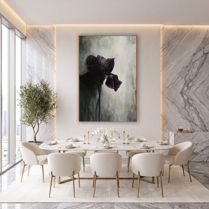 Single Iris Weathered Gray Abstract wall art in an elegant modern room – dark plum iris with ruffled petals on a slim