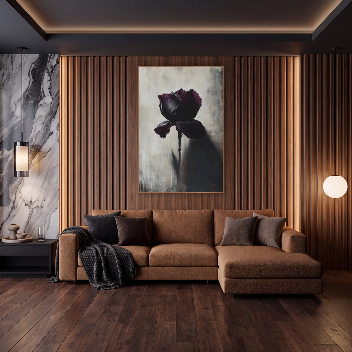Shadowcast Plum Iris Moody Botanical wall art in an elegant modern room – single dark plum iris on a long stem