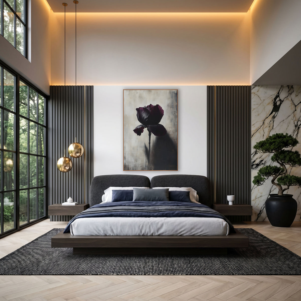 Shadowcast Plum Iris Moody Botanical wall art in an elegant modern room – single dark plum iris on a long stem