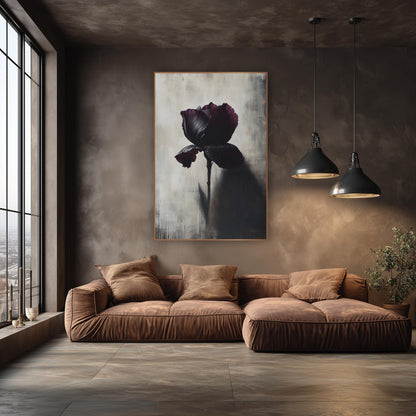 Shadowcast Plum Iris Moody Botanical wall art in an elegant modern room – single dark plum iris on a long stem