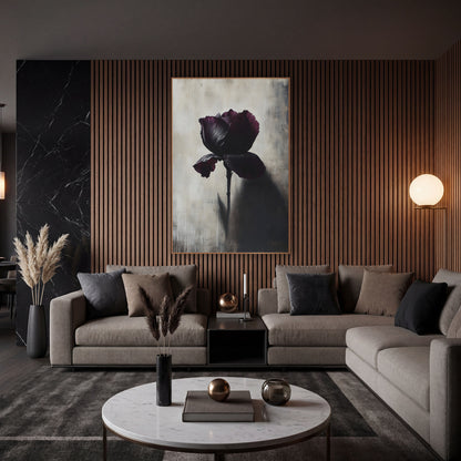 Shadowcast Plum Iris Moody Botanical wall art in an elegant modern room – single dark plum iris on a long stem