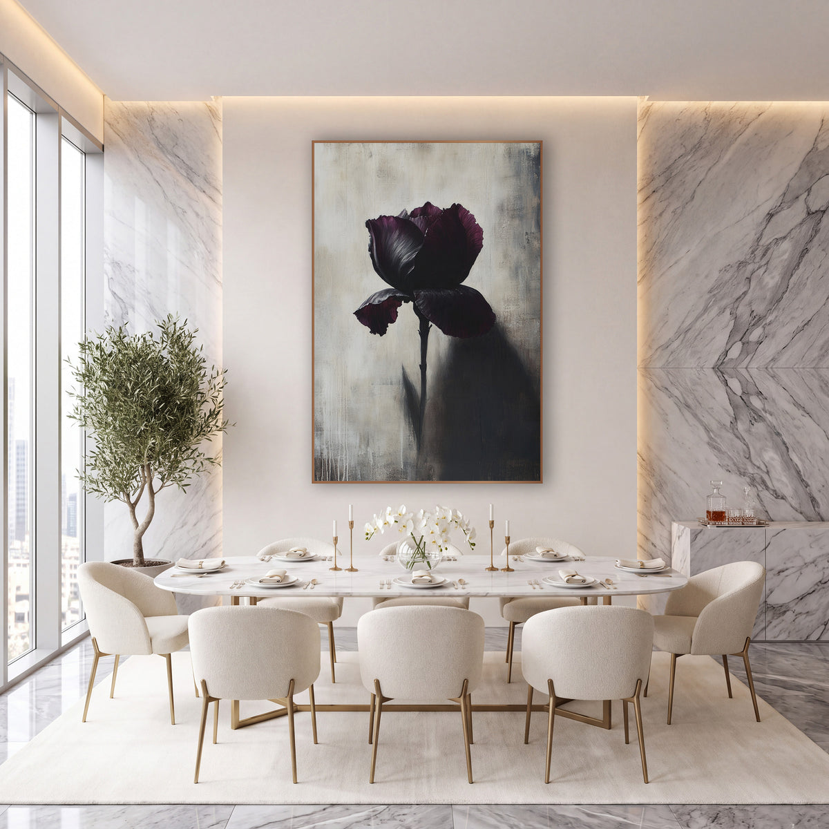 Shadowcast Plum Iris Moody Botanical wall art in an elegant modern room – single dark plum iris on a long stem