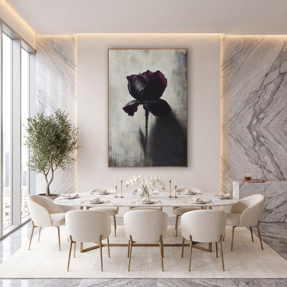 Shadowcast Plum Iris Moody Botanical wall art in an elegant modern room – single dark plum iris on a long stem
