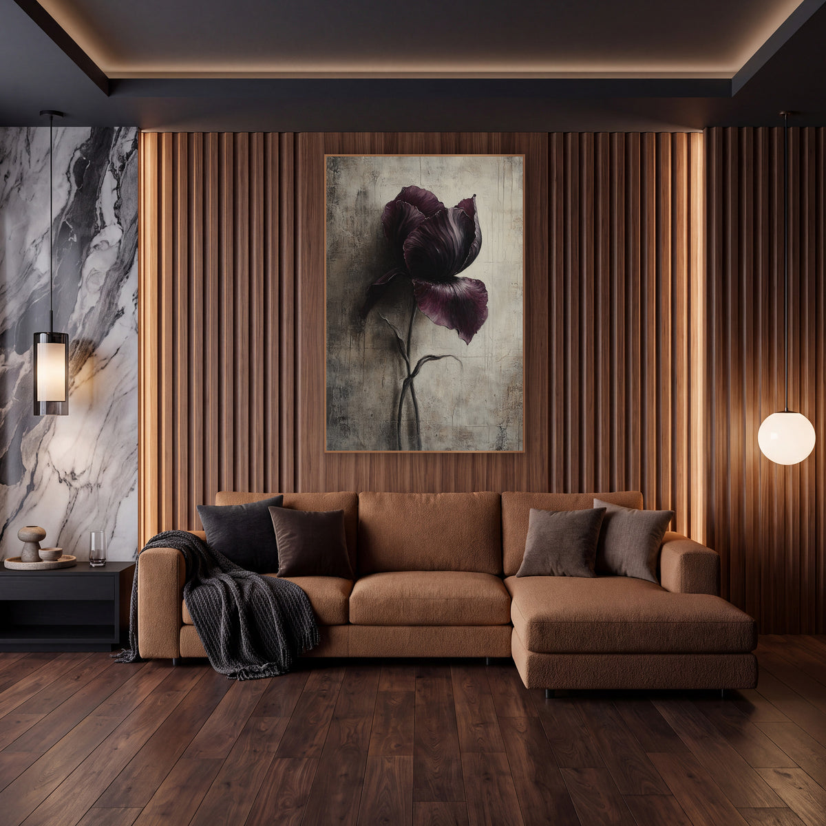 Plum Iris Moody Botanical wall art in an elegant modern room – single dark plum iris with ruffled petals and a curving