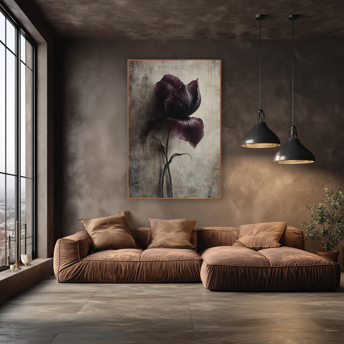 Plum Iris Moody Botanical wall art in an elegant modern room – single dark plum iris with ruffled petals and a curving