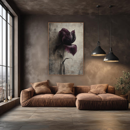 Plum Iris Moody Botanical wall art in an elegant modern room – single dark plum iris with ruffled petals and a curving