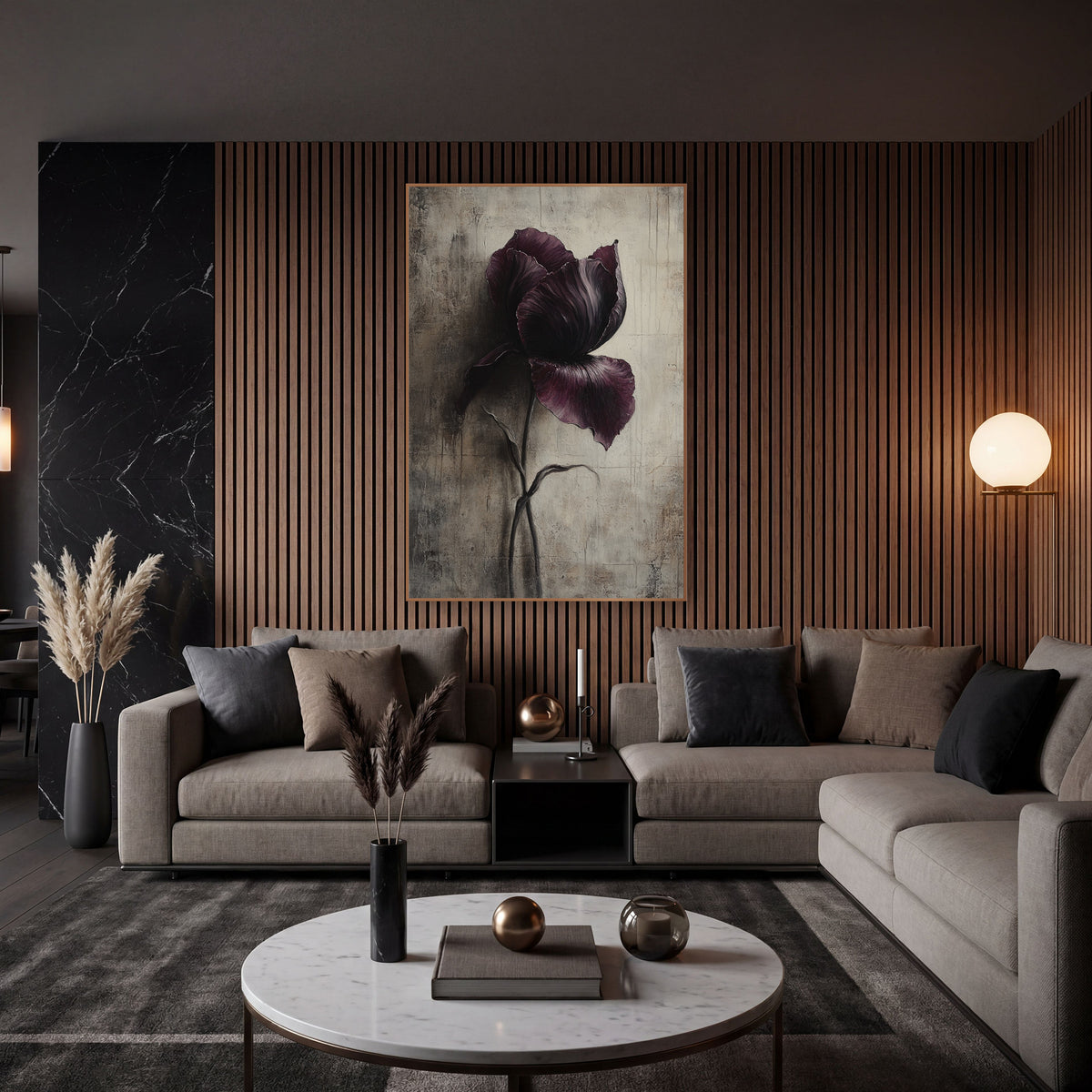 Plum Iris Moody Botanical wall art in an elegant modern room – single dark plum iris with ruffled petals and a curving