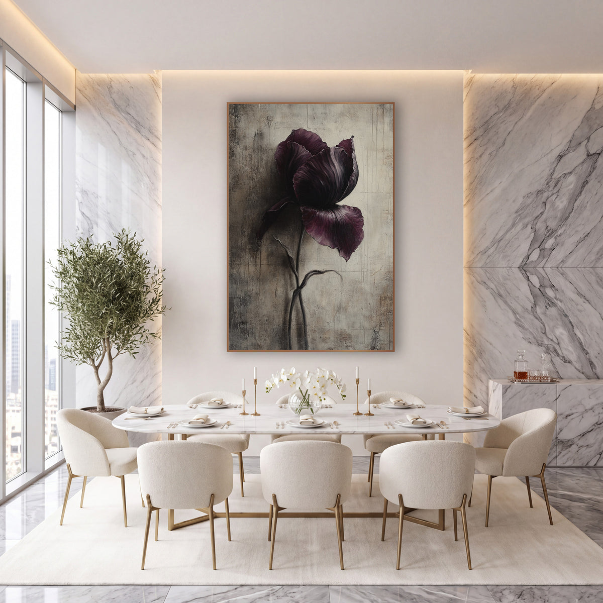 Plum Iris Moody Botanical wall art in an elegant modern room – single dark plum iris with ruffled petals and a curving
