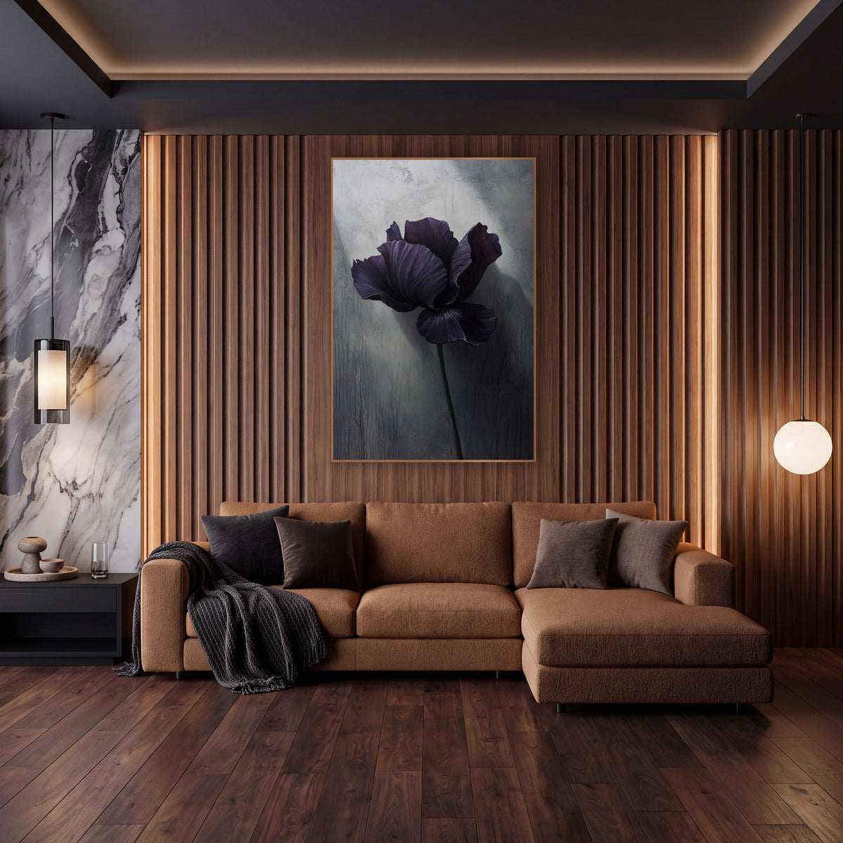 Spotlit Iris Dripping Plaster Painterly wall art in an elegant modern room – dark purple iris with ruffled petals