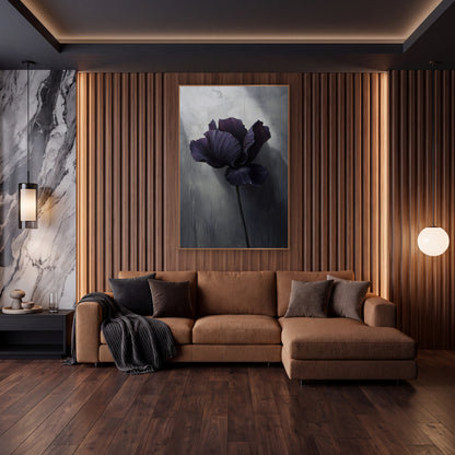 Spotlit Iris Dripping Plaster Painterly wall art in an elegant modern room – dark purple iris with ruffled petals