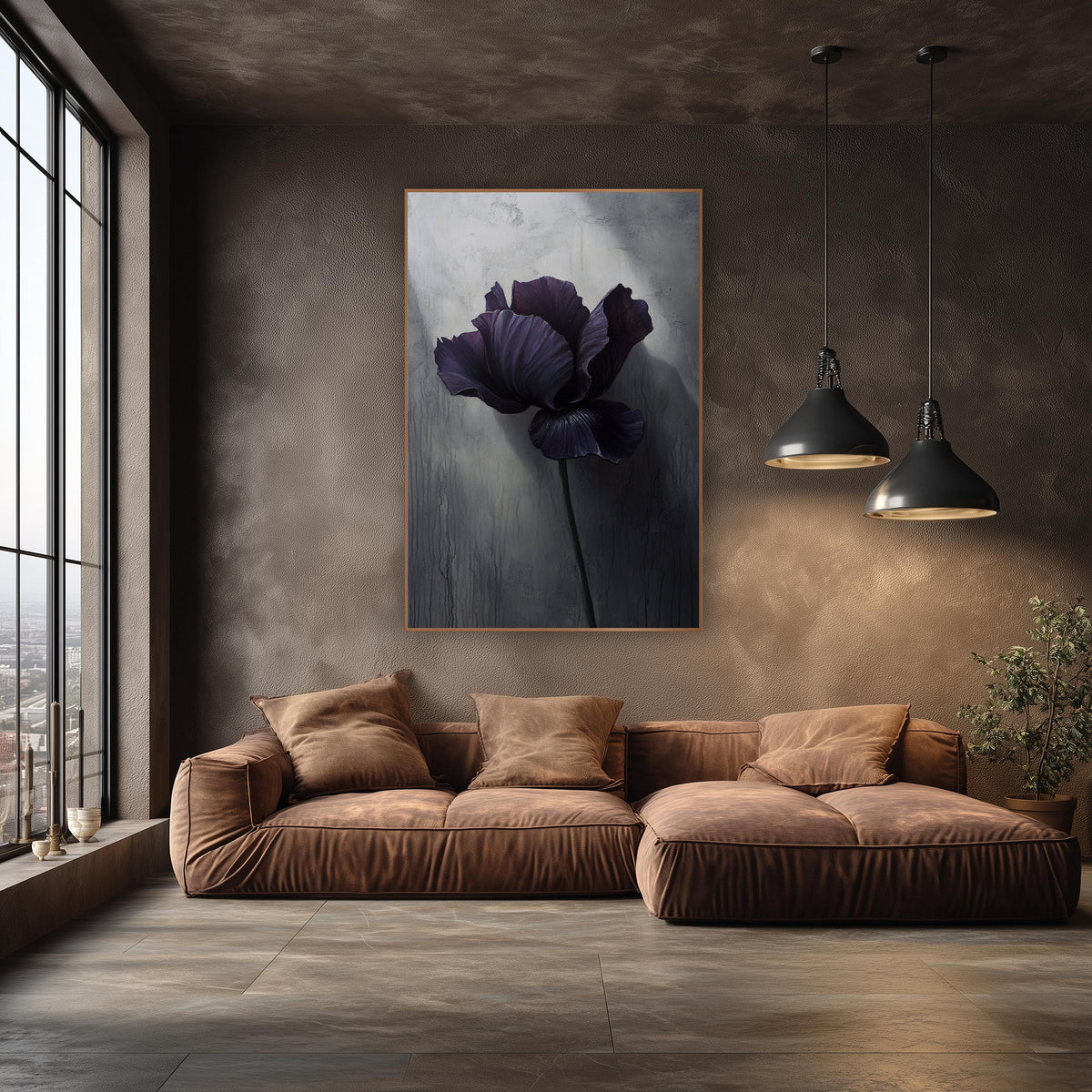 Spotlit Iris Dripping Plaster Painterly wall art in an elegant modern room – dark purple iris with ruffled petals