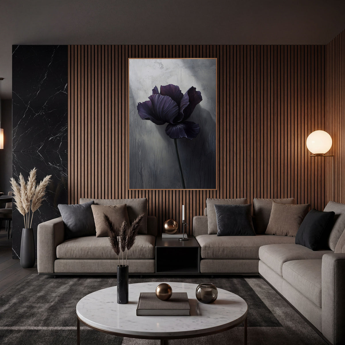 Spotlit Iris Dripping Plaster Painterly wall art in an elegant modern room – dark purple iris with ruffled petals