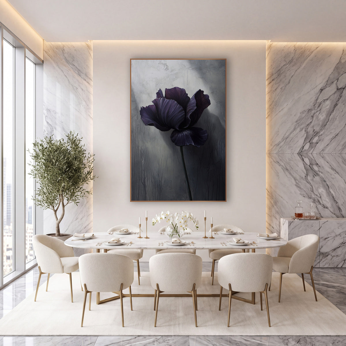 Spotlit Iris Dripping Plaster Painterly wall art in an elegant modern room – dark purple iris with ruffled petals