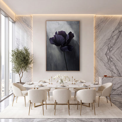 Spotlit Iris Dripping Plaster Painterly wall art in an elegant modern room – dark purple iris with ruffled petals