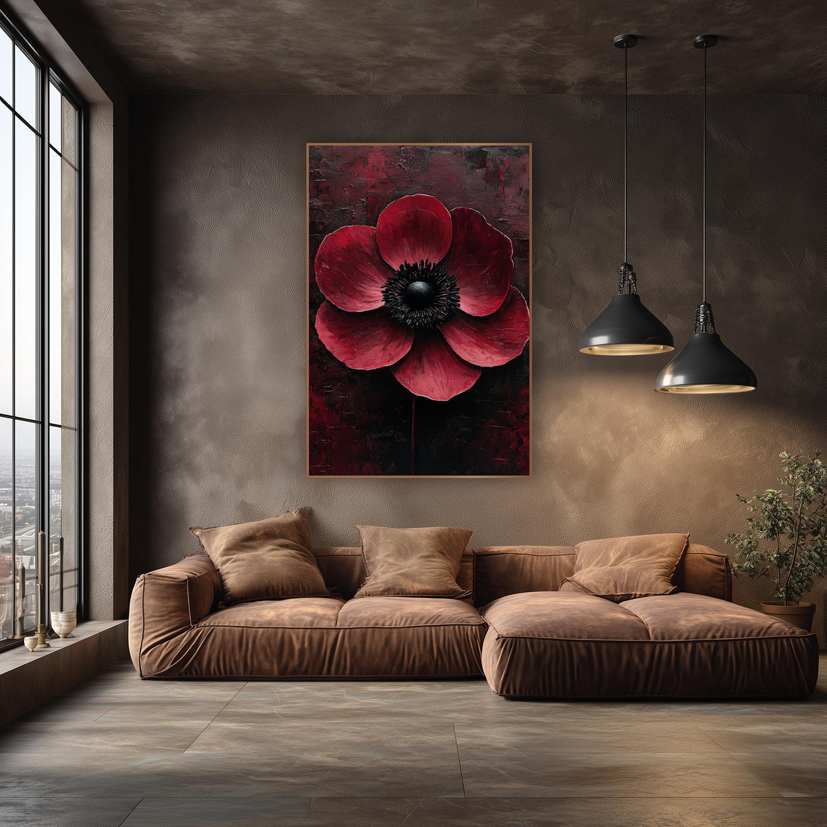 Crimson Anemone Black Center Moody wall art in an elegant modern room – large crimson anemone with a black center