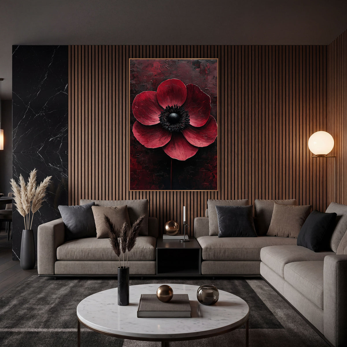 Crimson Anemone Black Center Moody wall art in an elegant modern room – large crimson anemone with a black center