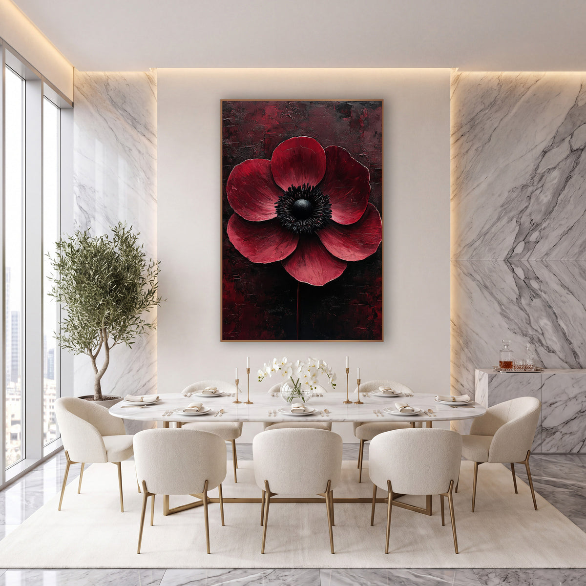Crimson Anemone Black Center Moody wall art in an elegant modern room – large crimson anemone with a black center