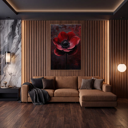 Tilted Scarlet Anemone Brushed Luxe wall art in an elegant modern room – large crimson anemone with a black center