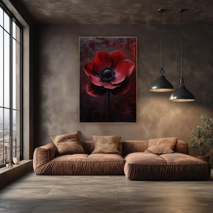 Tilted Scarlet Anemone Brushed Luxe wall art in an elegant modern room – large crimson anemone with a black center