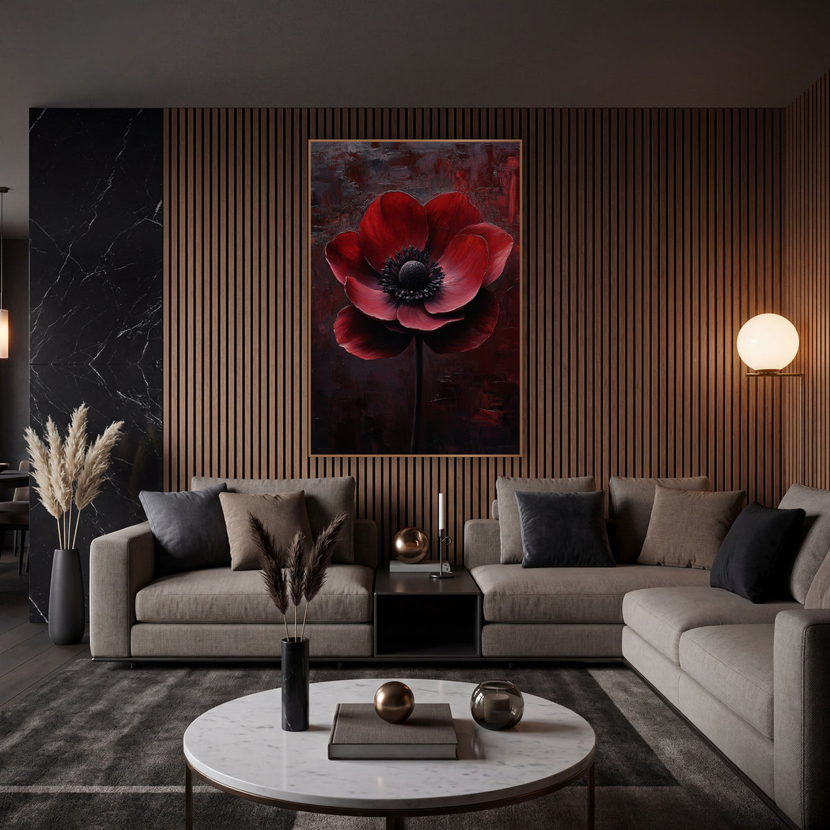 Tilted Scarlet Anemone Brushed Luxe wall art in an elegant modern room – large crimson anemone with a black center