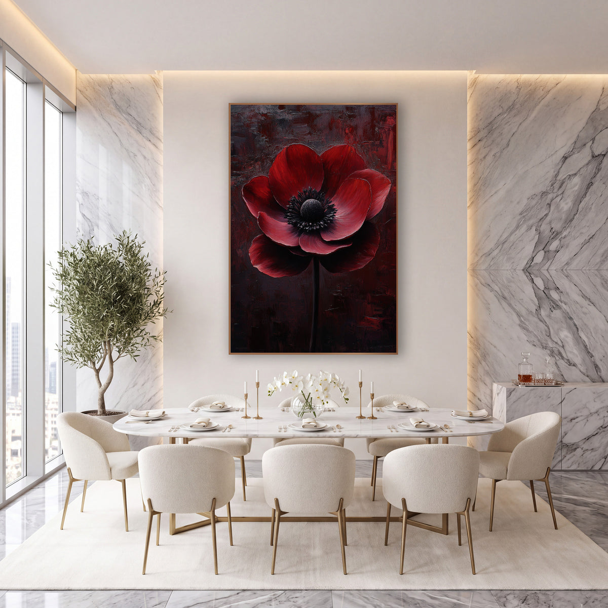 Tilted Scarlet Anemone Brushed Luxe wall art in an elegant modern room – large crimson anemone with a black center