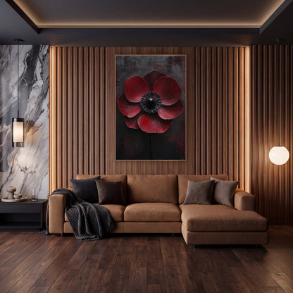 Charcoal Backdrop Anemone Dramatic Floral wall art in an elegant modern room – large dark red anemone with black