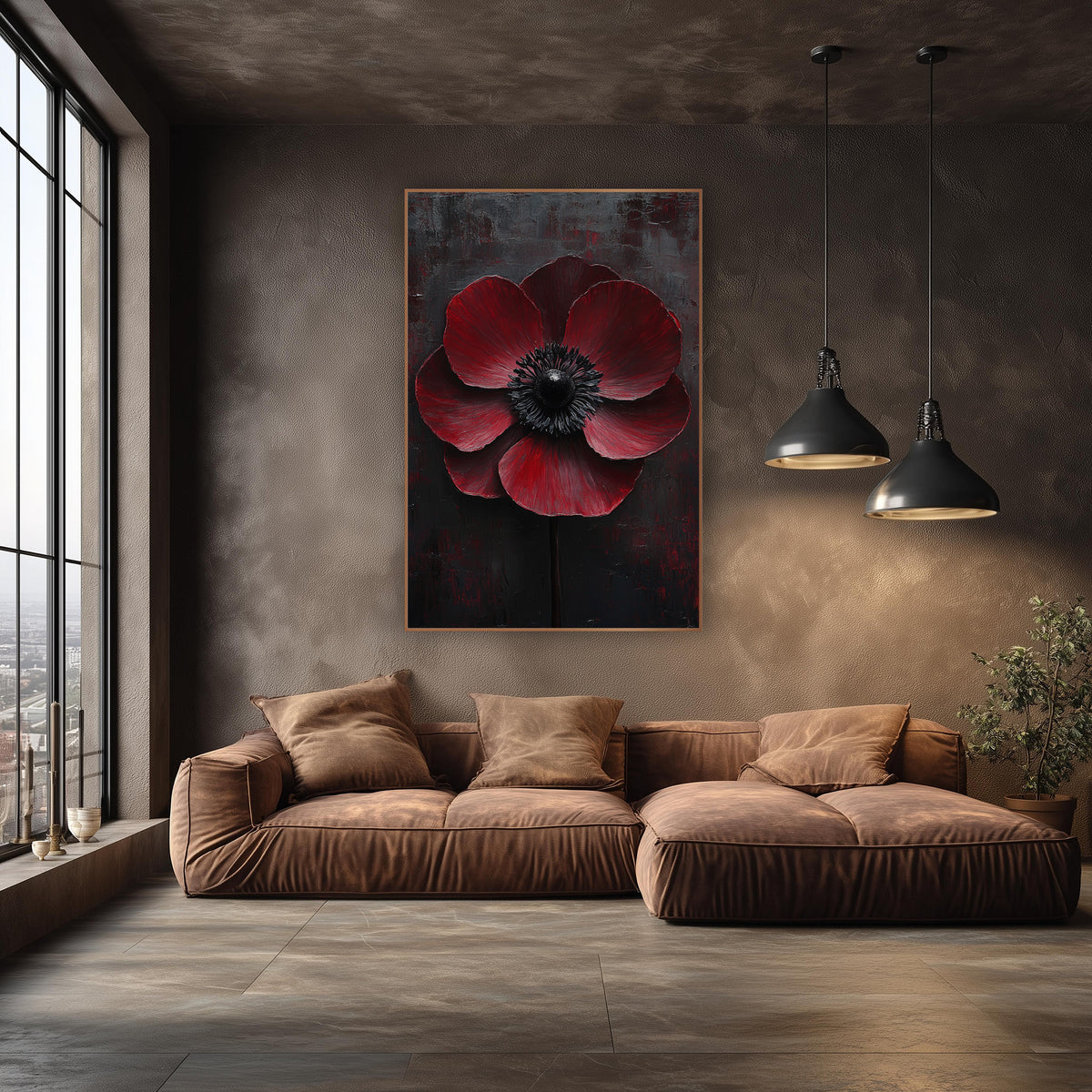 Charcoal Backdrop Anemone Dramatic Floral wall art in an elegant modern room – large dark red anemone with black