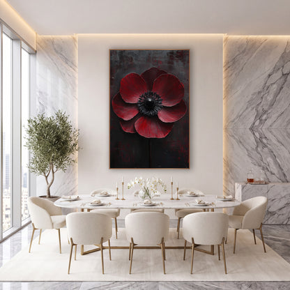 Charcoal Backdrop Anemone Dramatic Floral wall art in an elegant modern room – large dark red anemone with black
