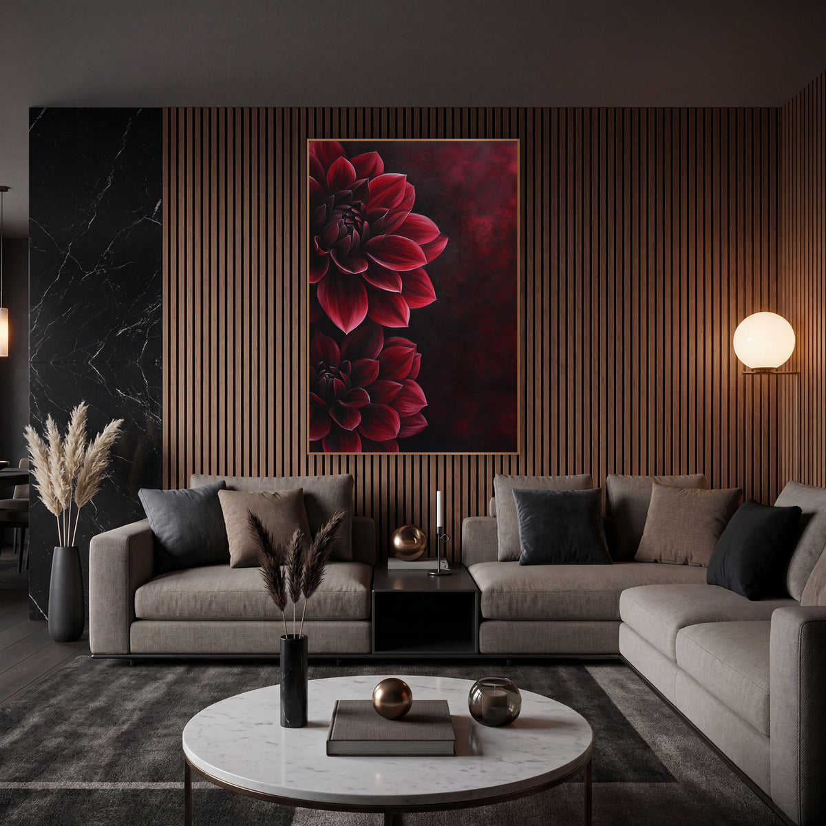 Crimson Dahlia Moody Floral wall art in an elegant modern room – two crimson dahlias with layered pointed petals