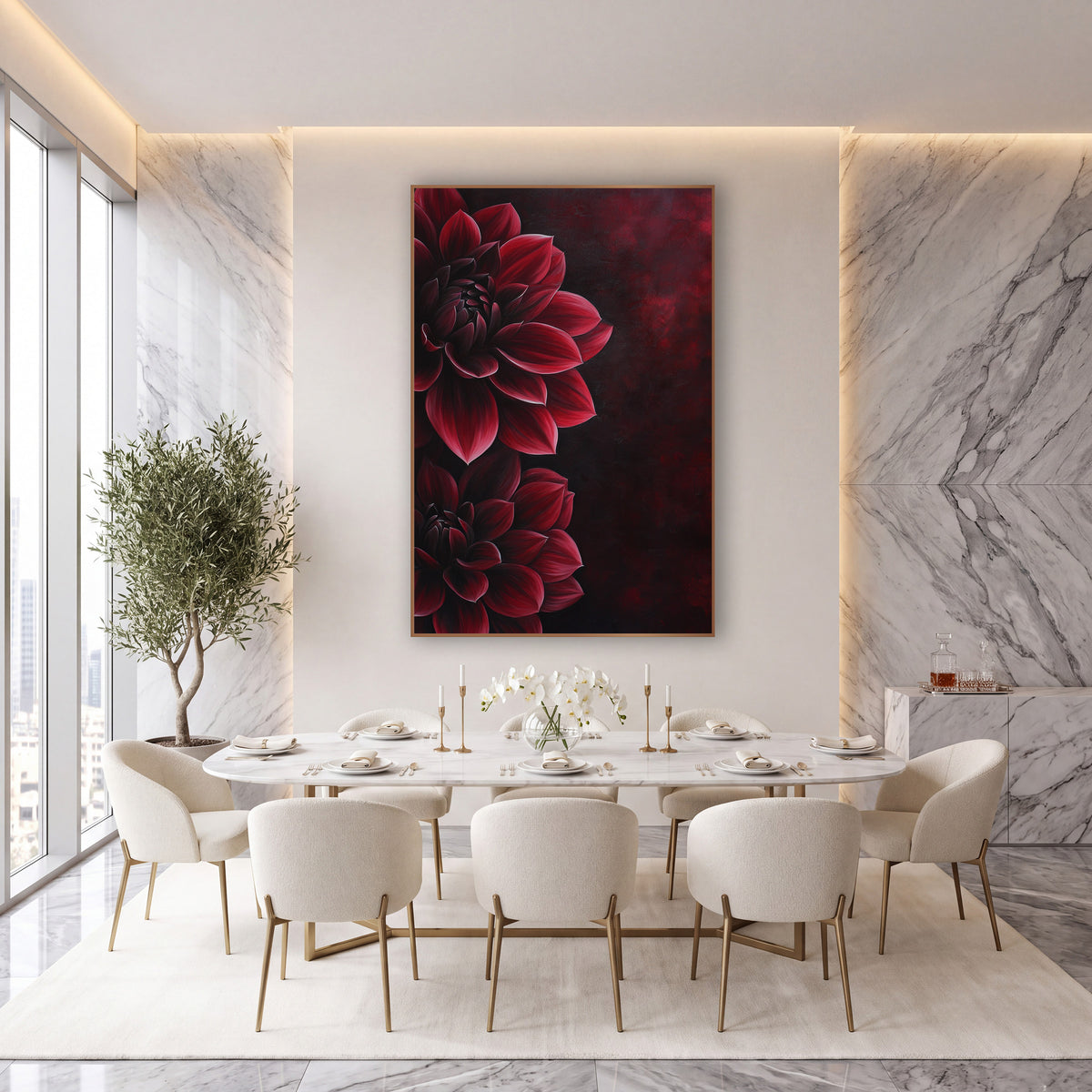 Crimson Dahlia Moody Floral wall art in an elegant modern room – two crimson dahlias with layered pointed petals