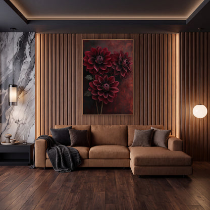 Burgundy Dahlia Trio Moody Botanical wall art in an elegant modern room – three dark red dahlias with layered petals