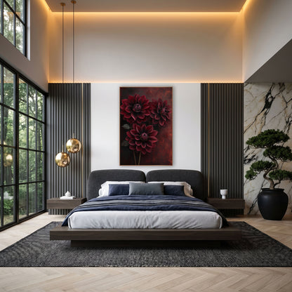 Burgundy Dahlia Trio Moody Botanical wall art in an elegant modern room – three dark red dahlias with layered petals
