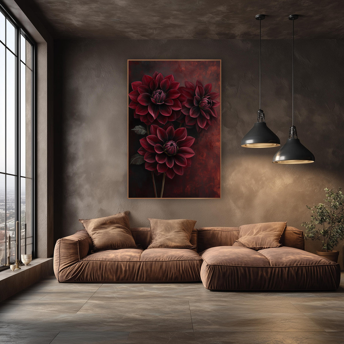 Burgundy Dahlia Trio Moody Botanical wall art in an elegant modern room – three dark red dahlias with layered petals