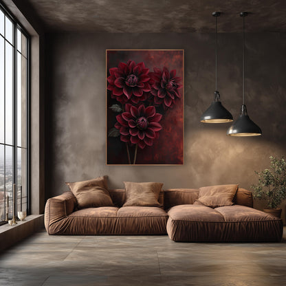 Burgundy Dahlia Trio Moody Botanical wall art in an elegant modern room – three dark red dahlias with layered petals