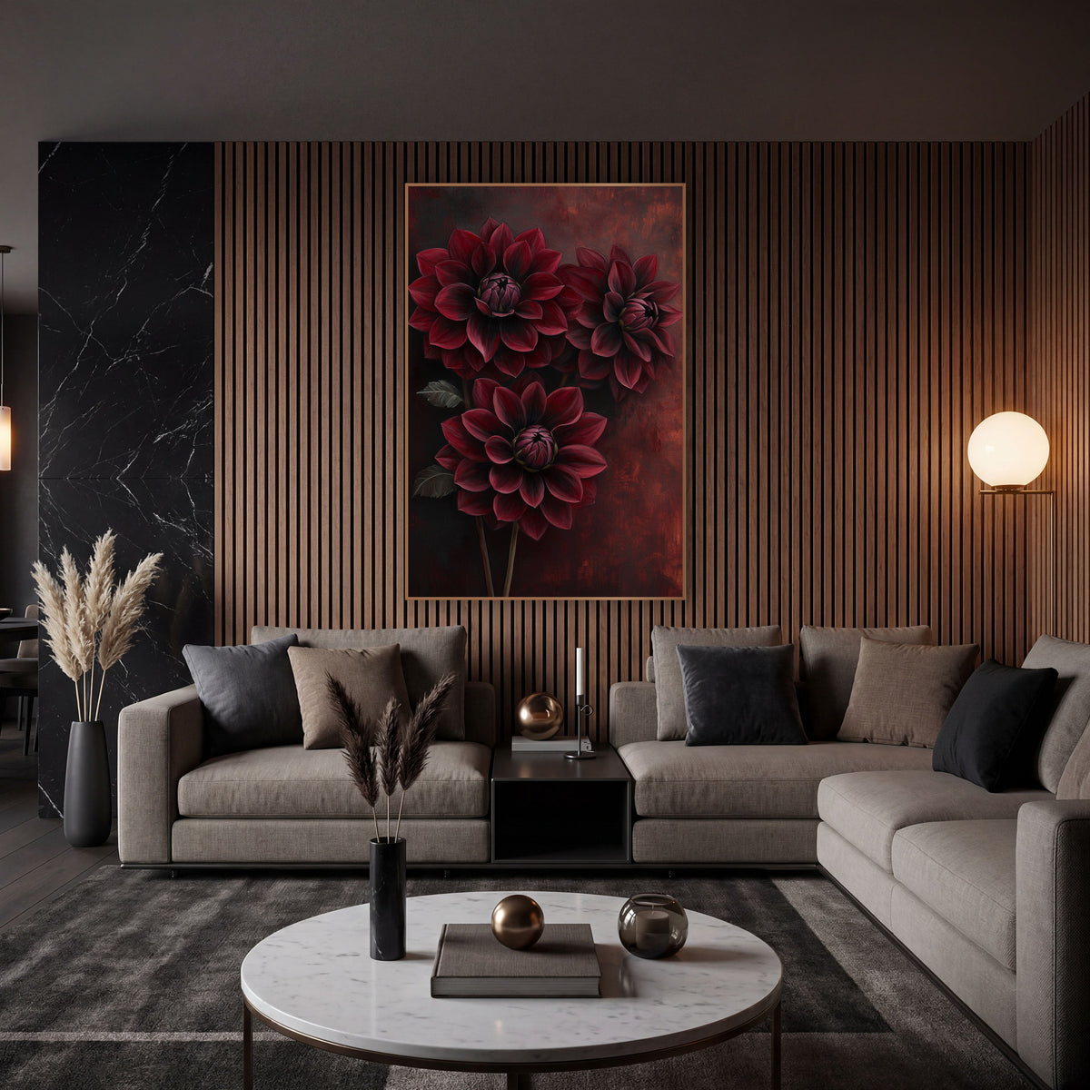 Burgundy Dahlia Trio Moody Botanical wall art in an elegant modern room – three dark red dahlias with layered petals
