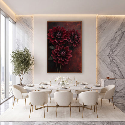 Burgundy Dahlia Trio Moody Botanical wall art in an elegant modern room – three dark red dahlias with layered petals