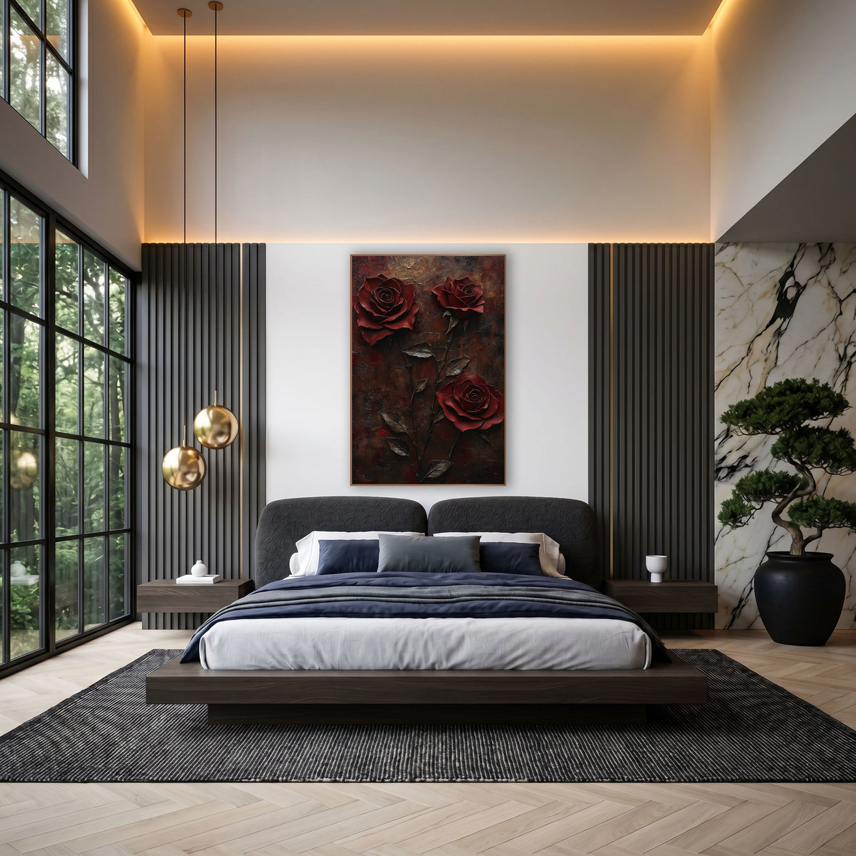 Crimson Rose Trio Dark Floral wall art in an elegant modern room – three deep red roses on slender stems with bronze
