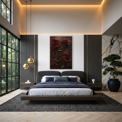 Crimson Rose Trio Dark Floral wall art in an elegant modern room – three deep red roses on slender stems with bronze