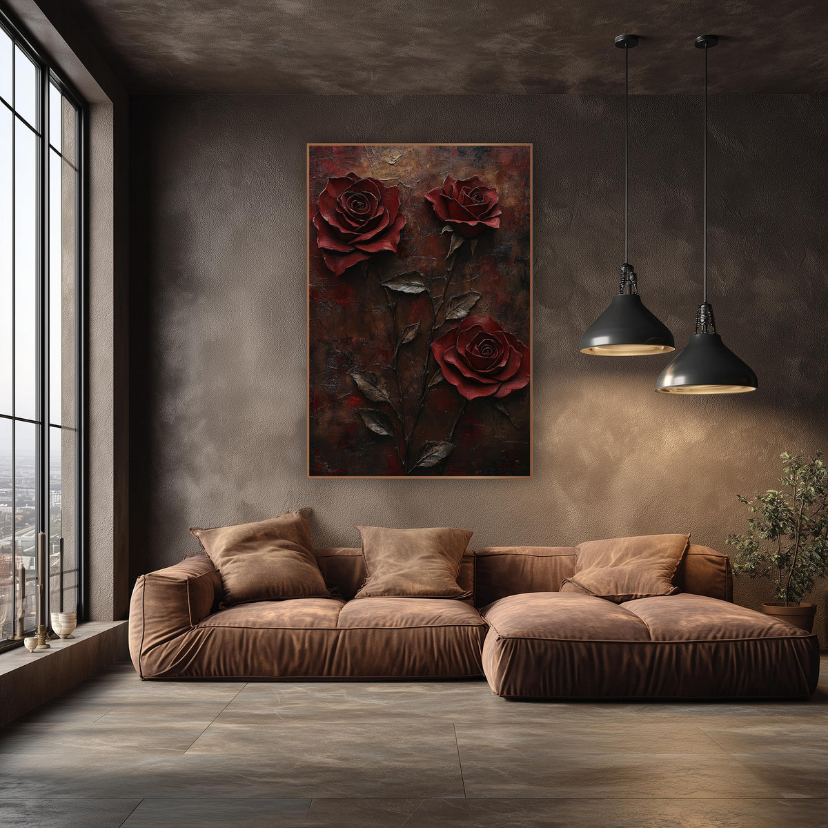 Crimson Rose Trio Dark Floral wall art in an elegant modern room – three deep red roses on slender stems with bronze