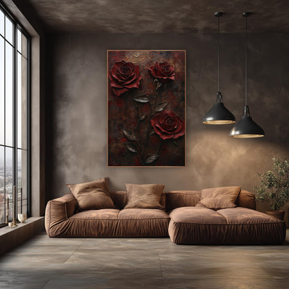 Crimson Rose Trio Dark Floral wall art in an elegant modern room – three deep red roses on slender stems with bronze