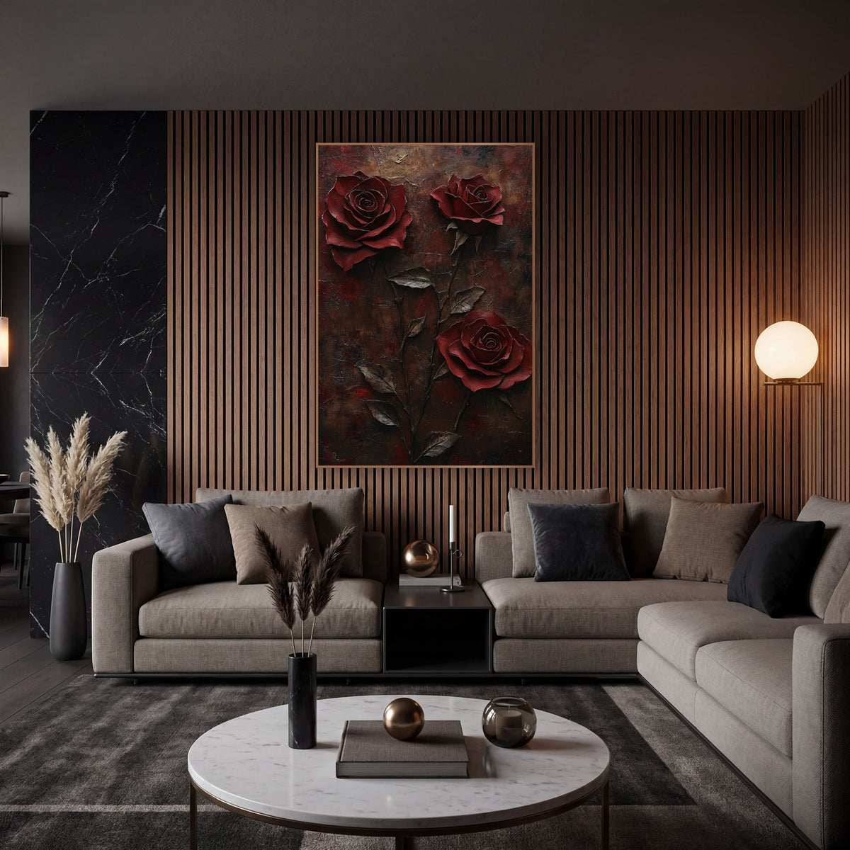 Crimson Rose Trio Dark Floral wall art in an elegant modern room – three deep red roses on slender stems with bronze