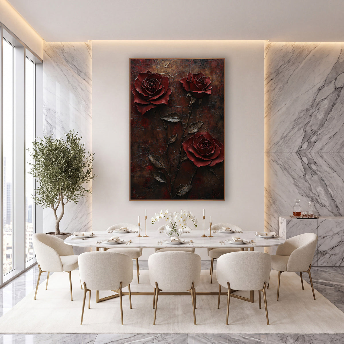Crimson Rose Trio Dark Floral wall art in an elegant modern room – three deep red roses on slender stems with bronze