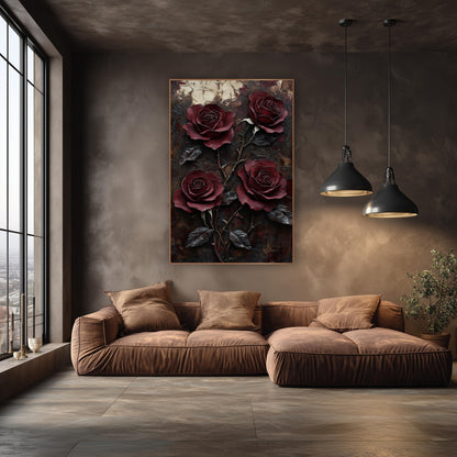Four Wine Roses Cracked Ivory Patina wall art in an elegant modern room – four burgundy roses with thorny stems